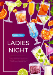 Promo flyer with classic cocktails blue lagoon, blood mary. Italian aperitif. Ladies night. Alcoholic beverage drinks bar menu.Beach Holidays, summer vacation, party, recreation. A4 for poster, banner