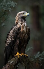 Fototapeta premium Eagle on top of a tree branch staring with a blurred background Generative AI