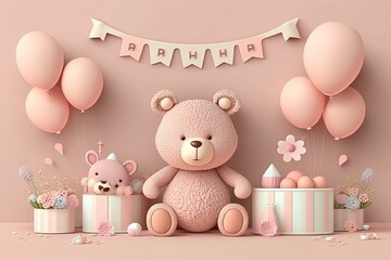 congratulatory decor for the birthday of a girl happy birthday, teddy bear, , generative AI