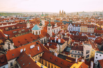 Obraz premium Aerial view of Prague old town during sunrise in Czech Republic