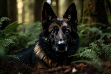 a picture of a German Shepherd that is tucked away in a forest. Generative AI