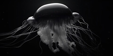 Black and white close up of jellyfish, medusa, dark background, Generative AI