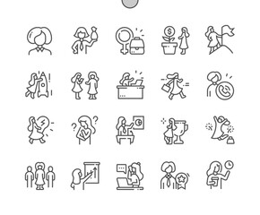 Business woman. Female leader. Meeting, communication. Successful woman. Pixel Perfect Vector Thin Line Icons. Simple Minimal Pictogram