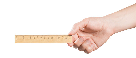 Hand holding a wooden ruler, cut out