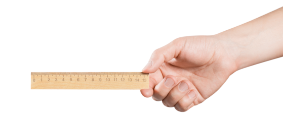 Hand holding a wooden ruler, cut out