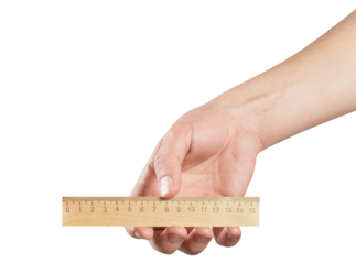 Hand holding a wooden ruler, cut out