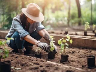 Person, die B&auml;ume pflanzt oder in einem Gemeinschaftsgarten arbeitet, um die lokale Nahrungsmittelproduktion und die Wiederherstellung von Lebensr&auml;umen zu f&ouml;rdern, Konzept , created with Generative AI