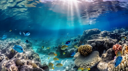 Fototapeta na wymiar Animals of the underwater sea world. Ecosystem. Colorful tropical fish. Life in the coral reef. Generative AI Illustration