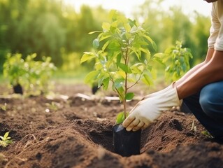 Person, die B&auml;ume pflanzt oder in einem Gemeinschaftsgarten arbeitet, um die lokale Nahrungsmittelproduktion und die Wiederherstellung von Lebensr&auml;umen zu f&ouml;rdern, Konzept , created with Generative AI