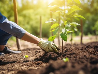 Person, die B&auml;ume pflanzt oder in einem Gemeinschaftsgarten arbeitet, um die lokale Nahrungsmittelproduktion und die Wiederherstellung von Lebensr&auml;umen zu f&ouml;rdern, Konzept , created with Generative AI