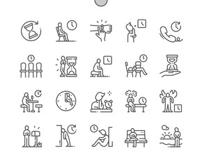 Naklejka premium Wait. Angry waiting. Clock, hour, minute. Waiting room. Pixel Perfect Vector Thin Line Icons. Simple Minimal Pictogram