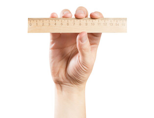 Hand holding a wooden ruler, cut out