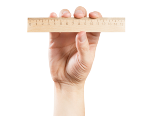 Hand holding a wooden ruler, cut out