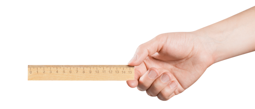Hand holding a wooden ruler, cut out