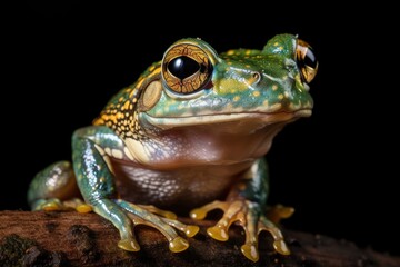 Obraz premium Tree frog on branch, dumpy frog on branch, close up of an amphibian, and litoria caerulea on green leaves. Generative AI