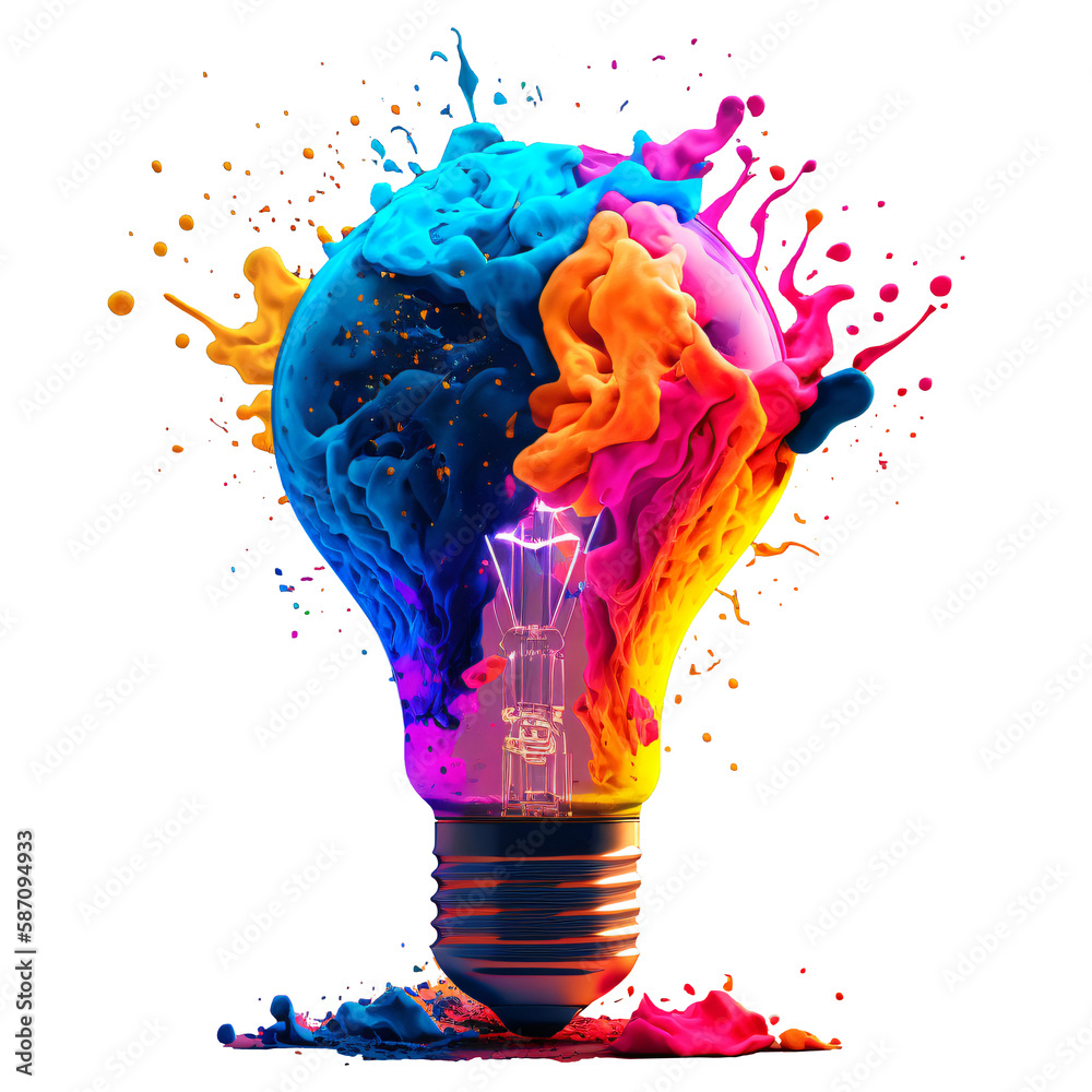Wall mural a colorful glowing idea bulb lamp, isolated design element on transparent background, visualization 