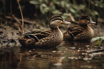 Obraz premium Mallard ducks on the lake. Birds in nature photograph. Generative AI