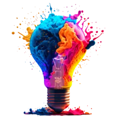 Foto op Canvas a colorful glowing idea bulb lamp, isolated design element on transparent background, visualization of brainstorming, bright idea and creative thinking, generative ai © CROCOTHERY