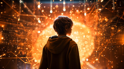 Boy looking at a holographic metaverse representation of a digital hub. Created with Generative AI.