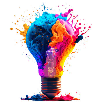 a colorful glowing idea bulb lamp, isolated design element on transparent background, visualization of brainstorming, bright idea and creative thinking, generative ai