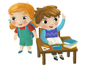 cartoon child kid girl and boy pupil sitting in school desk learning reading childhood illustration for kids