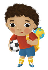 cartoon child kid boy pupil going to school with globe learning childhood illustration for children