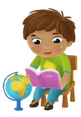 cartoon child kid boy pupil going to school with globe learning childhood illustration for children