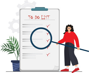 Person checking to do list, planning business, management concept, check list for studying, flat vector illustration	