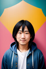 Portrait of an asian man on colorful background, summer brightness. Generative AI.