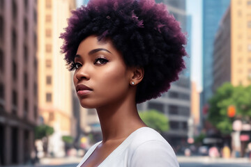 Fototapeta na wymiar A beautiful african american woman portrait, city street as background. Generative AI.