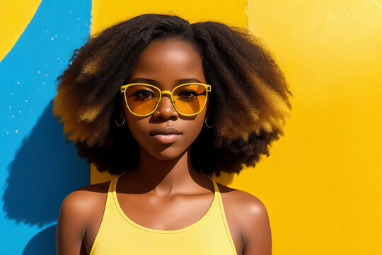 Portrait of an african american teen girl with sunglasses on abstract painted background, summer vibrancy. Generative AI.