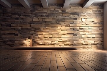 Rustic Room with Stone Wall and Wooden Floors. Generative AI