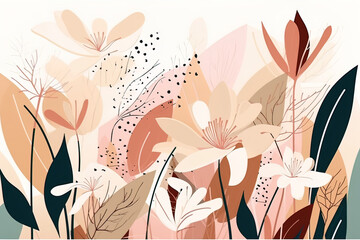 Enchanting Nature's Hand-Drawn Tapestry: Floral Fusion for Modern Design. Abstract natural hand-drawn pattern design with flowers, leaves, and branches. Simple contemporary style illustrated design.