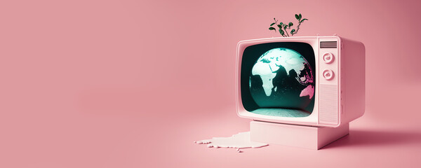 earth advertising, globe on tv, ecology concept, pink background