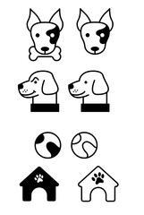 Dog head line artwork, dog's house and ball simple vector style line artworks icon set clip arts vector illustration