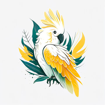 recommend clip art: painted cockatoo on a light background, a parrot with yellow and white feathers sits in full growth, decorated with green leaves, AI-genereted