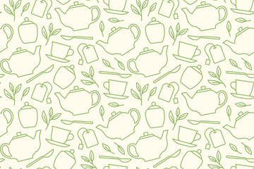 tea seamless pattern with teapot, cup, leaves, sugar bowl, spoon, bag icons  - vector illustration - 587096557