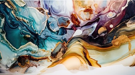 This is an abstract artwork created with alcohol ink on a black background, featuring a rainbow color palette and a generative AI technique. The piece has a dynamic and energetic composition, with bol