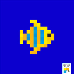 Goldfish, pixel art symbol isolated on white background. Pet animal.Popular aquarium fish. Chinese symbol of wealth and good luck. Old school 8 bit slot machine icon.Retro 80s; 90s video game