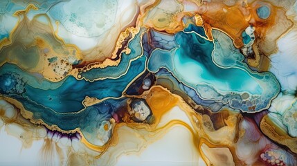 This artwork features a vibrant abstract background created using alcohol ink in shades of white and blue, with organic shapes and lines that appear to flow and blend together