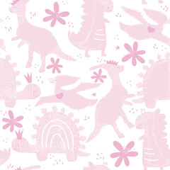 Pink seamless pattern with dinosaurs. Girlish cute print. Vector hand drawn illustration.