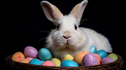 Fototapeta na wymiar Easter white bunny and Easter Eggs