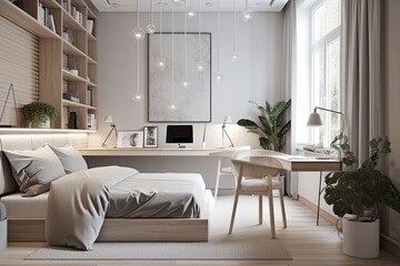Fototapeta premium Modern room with desk and bed. Generative AI