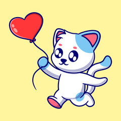 Cute cat with love balloon cartoon icon illustration