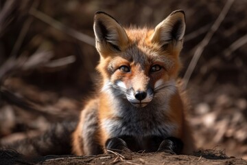 Fototapeta premium Red fox cub in the wild on a warm spring day. Generative AI