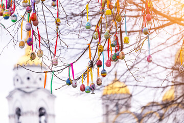 Easter tree with eggs. Many colorful painted easter egg on branch in sunlight with church, temple background