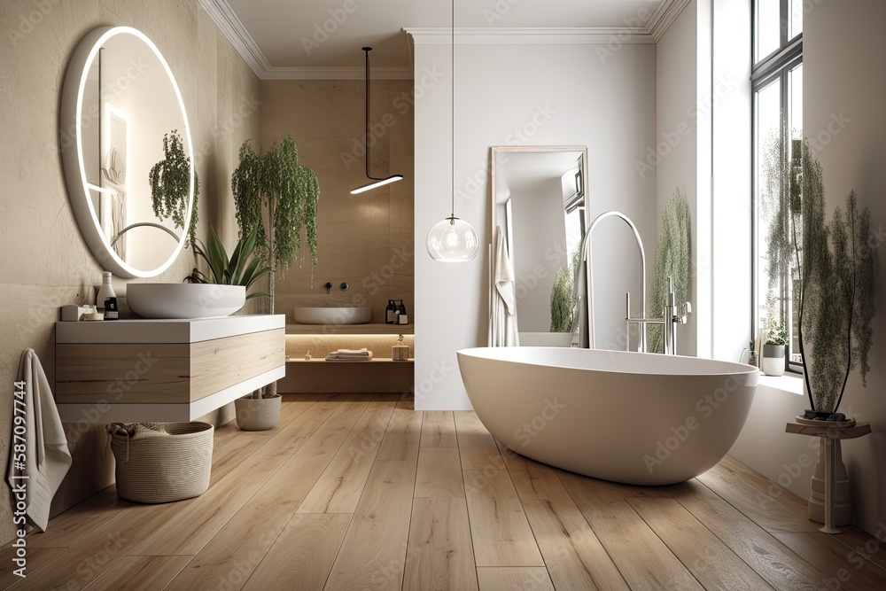 Sticker elegant bathroom with white and beige walls, white basin with oval mirror, bathtub, shower, plants, 