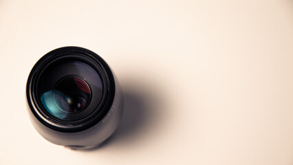 Camera lens on a white background. Close-up. Horizontal