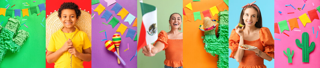 Collage of happy Mexican people with sombrero, flag, traditional food, maracas and decorations on...