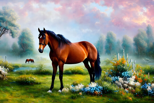 Horse in the grassy green field Generative Art